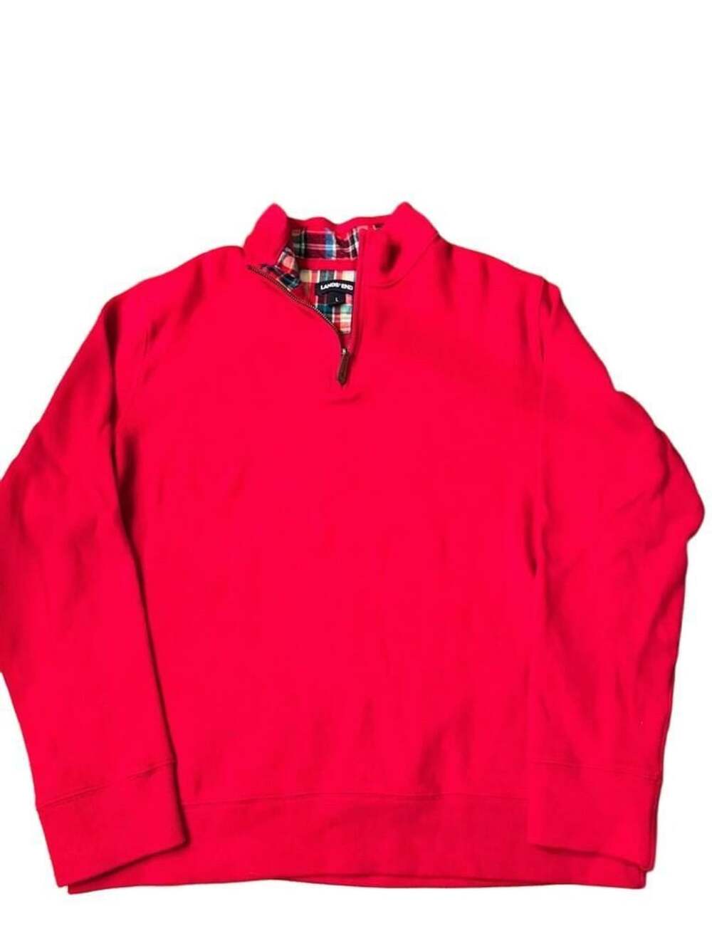 Lands' End 1/4 Zip Pullover Sweatshirt Size L Red Plaid Lined h1522